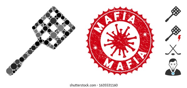 Mosaic racket icon and red round rubber stamp watermark with Mafia text and coronavirus symbol. Mosaic vector is designed with racket icon and with scattered round spots.