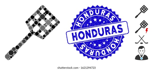 Mosaic racket icon and rubber stamp seal with Honduras text. Mosaic vector is formed with racket icon and with scattered circle spots. Honduras stamp seal uses blue color, and dirty design.