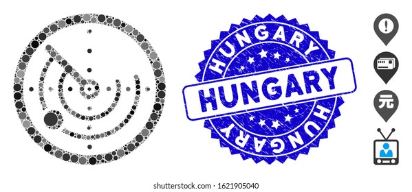 Mosaic radar icon and grunge stamp seal with Hungary phrase. Mosaic vector is created with radar icon and with scattered round spots. Hungary stamp seal uses blue color, and dirty design.