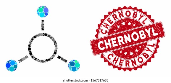 Mosaic radial structure and corroded stamp watermark with Chernobyl caption. Mosaic vector is formed with radial structure icon and with scattered spheric elements.