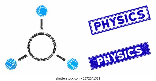 Mosaic radial structure pictogram and rectangle Physics seal stamps. Flat vector radial structure mosaic icon of random rotated rectangle items. Blue Physics seal stamps with scratched texture.