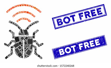Mosaic radio bug icon and rectangle Bot Free seal stamps. Flat vector radio bug mosaic icon of randomized rotated rectangle items. Blue Bot Free stamps with rubber texture.