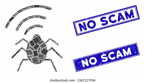 Mosaic radio bug icon and rectangular seal stamps. Flat vector radio bug mosaic pictogram of randomized rotated rectangular elements. Blue caption stamps with grunge textures.