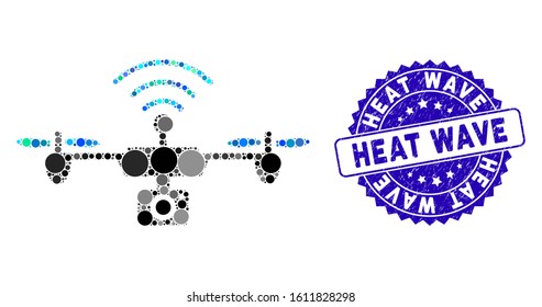 Mosaic radio camera airdrone icon and grunge stamp seal with Heat Wave phrase. Mosaic vector is created with radio camera airdrone icon and with randomized circle items.