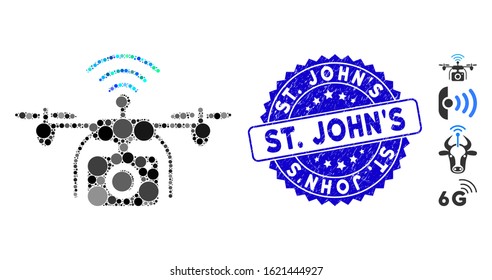 Mosaic radio camera drone icon and corroded stamp seal with St. John'S text. Mosaic vector is composed with radio camera drone icon and with random spheric spots. St. John'S stamp uses blue color,