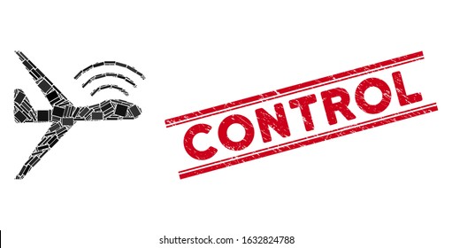 Mosaic radio control uav pictogram and red Control stamp between double parallel lines. Flat vector radio control uav mosaic pictogram of scattered rotated rectangular elements.