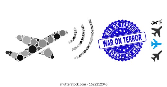 Mosaic radio intelligence airplane icon and rubber stamp seal with War on Terror caption. Mosaic vector is created with radio intelligence airplane icon and with scattered round spots.