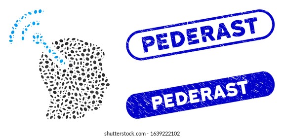 Mosaic radio neural interface and corroded stamp seals with Pederast phrase. Mosaic vector radio neural interface is designed with randomized elliptic items. Pederast stamp seals use blue color,