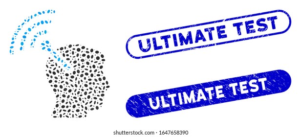 Mosaic radio neural interface and distressed stamp seals with Ultimate Test phrase. Mosaic vector radio neural interface is composed with scattered ellipse pieces.