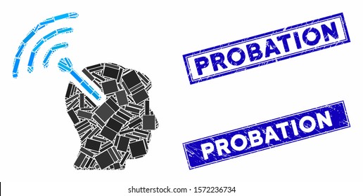 Mosaic radio neural interface icon and rectangle Probation stamps. Flat vector radio neural interface mosaic icon of scattered rotated rectangle elements.