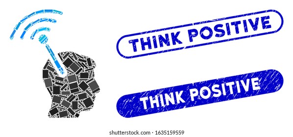 Mosaic radio neural interface and rubber stamp watermarks with Think Positive text. Mosaic vector radio neural interface is formed with scattered rectangle items.