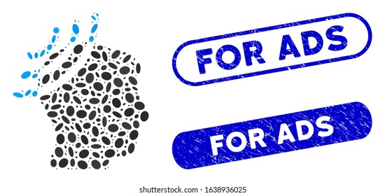 Mosaic radio reception head and rubber stamp seals with For Ads phrase. Mosaic vector radio reception head is designed with random oval pieces. For Ads stamp seals use blue color,