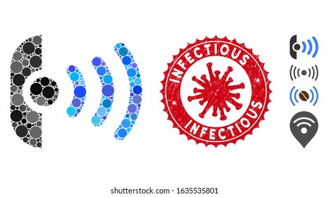 Mosaic radio sensor icon and red round corroded stamp seal with Infectious phrase and coronavirus symbol. Mosaic vector is created with radio sensor icon and with scattered round items.