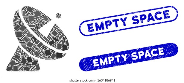 Mosaic radio telescope and grunge stamp seals with Empty Space phrase. Mosaic vector radio telescope is created with randomized rectangles. Empty Space stamp seals use blue color,