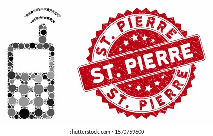 Mosaic radio transmitter signal and grunge stamp watermark with St. Pierre phrase. Mosaic vector is formed with radio transmitter signal icon and with randomized round elements. St.