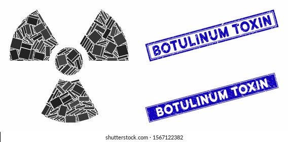 Mosaic radioactivity icon and rectangle rubber prints. Flat vector radioactivity mosaic icon of scattered rotated rectangle elements. Blue caption rubber stamps with dirty textures.