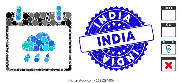 Mosaic rain cloud calendar day icon and corroded stamp watermark with India phrase. Mosaic vector is composed from rain cloud calendar day icon and with random spheric items.