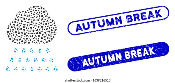 Mosaic rain cloud and grunge stamp seals with Autumn Break phrase. Mosaic vector rain cloud is composed with randomized oval dots. Autumn Break stamp seals use blue color,