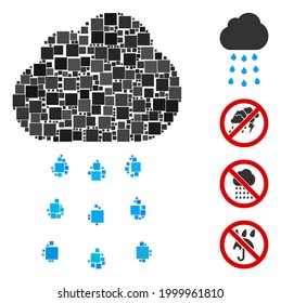 Mosaic Rain cloud icon constructed from square items in various sizes and color hues. Vector square items are arranged into abstract mosaic rain cloud icon. Bonus icons are placed.