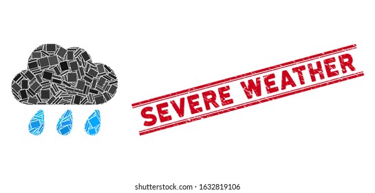 Mosaic rain cloud icon and red Severe Weather watermark between double parallel lines. Flat vector rain cloud mosaic icon of scattered rotated rectangle elements.