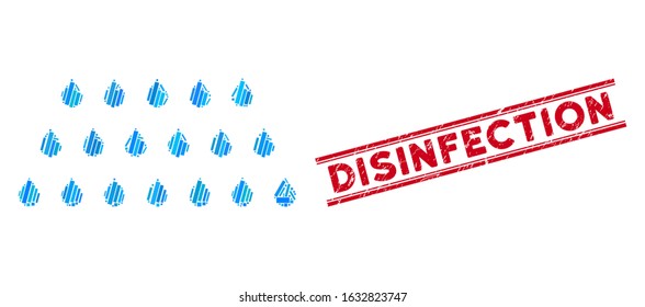 Mosaic rain drops icon and red Disinfection rubber print between double parallel lines. Flat vector rain drops mosaic icon of randomized rotated rectangle elements.