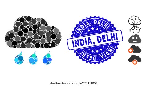Mosaic rain weather icon and distressed stamp seal with India, Delhi caption. Mosaic vector is created with rain weather icon and with randomized circle elements. India, Delhi seal uses blue color,