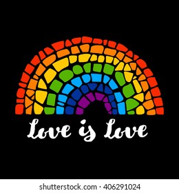 Mosaic rainbow on black background. LGBT culture sign. Love is love lettering. Gay pride design element. 