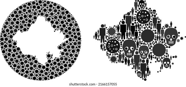 Mosaic Rajasthan State map organized from SARS virus icons and people and skull icons. Infection virus Rajasthan State map collage designed with sphere and subtracted space.