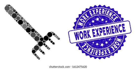 Mosaic rake icon and distressed stamp watermark with Work Experience text. Mosaic vector is designed with rake icon and with scattered circle elements. Work Experience stamp seal uses blue color,