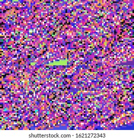 Mosaic of random colorful pixels like in 8-bit video game with glitch art effect. Vaporwave and retrowave style abstract geometric background.