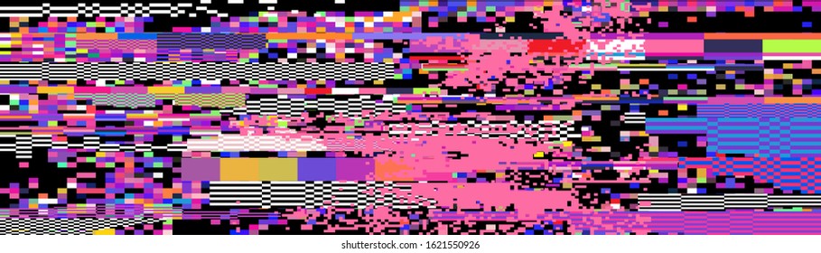 Mosaic of random colorful pixels like in 8-bit video game with glitch art effect. Vaporwave and retrowave style abstract geometric background.