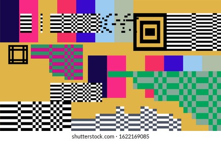 Mosaic of random colorful pixels like in 8-bit video game with glitch art effect. Vaporwave and retrowave style abstract geometric background.