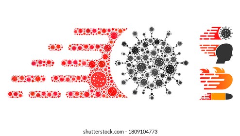 Mosaic rapid coronavirus composed of flu virus icons in various sizes and color hues. Vector viral icons are combined into abstract mosaic rapid coronavirus icon. Some bonus icons are added.