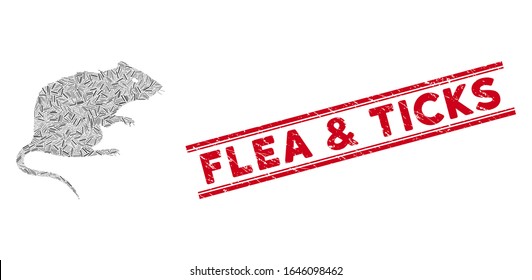 Icono de rata mosaico y sello rojo de pulgas y pollos entre líneas paralelas dobles. Icono de mosaico de rata vectorial plana de elementos de línea girada aleatoria. Sello de sello rojo de pulgas y pollos con texturas sucias.