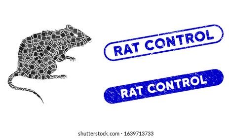 Mosaic rat icon and red round grunge stamp watermark with Rat Control caption and coronavirus symbol. Mosaic vector is designed with rat icon and with random circle spots.