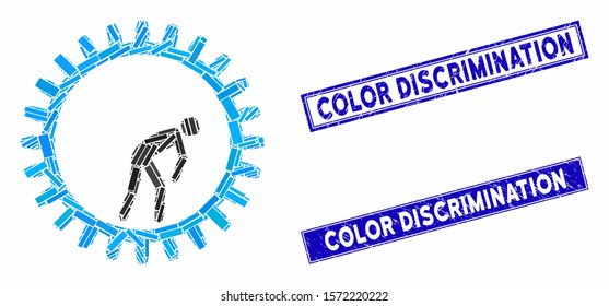 Mosaic rat race gear pictogram and rectangle Color Discrimination watermarks. Flat vector rat race gear mosaic pictogram of scattered rotated rectangle elements.