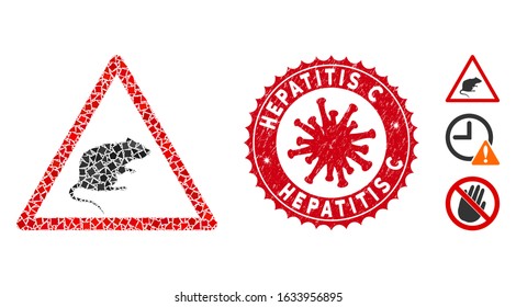 Mosaic rat warning icon and red rounded distressed stamp seal with Hepatitis C text and coronavirus symbol. Mosaic vector is designed with rat warning icon and with random tremulant elements.