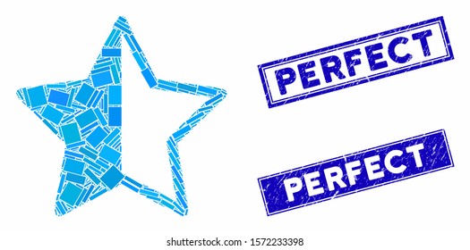 Mosaic rating star pictogram and rectangular Perfect seal stamps. Flat vector rating star mosaic pictogram of scattered rotated rectangle items. Blue Perfect stamps with scratched surface.