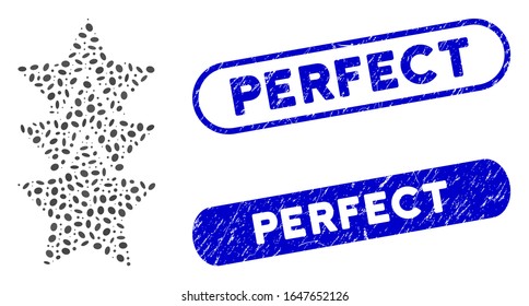 Mosaic rating stars and grunge stamp seals with Perfect caption. Mosaic vector rating stars is created with scattered oval parts. Perfect stamp seals use blue color, and have round rectangle shape.