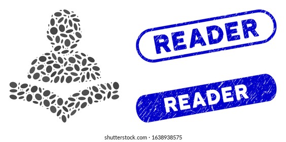 Mosaic reader boy and corroded stamp seals with Reader phrase. Mosaic vector reader boy is designed with randomized oval items. Reader stamp seals use blue color, and have round rectangle shape.