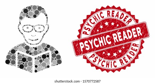 Mosaic reader and rubber stamp seal with Psychic Reader phrase. Mosaic vector is created with reader icon and with random spheric items. Psychic Reader stamp seal uses red color, and distress surface.