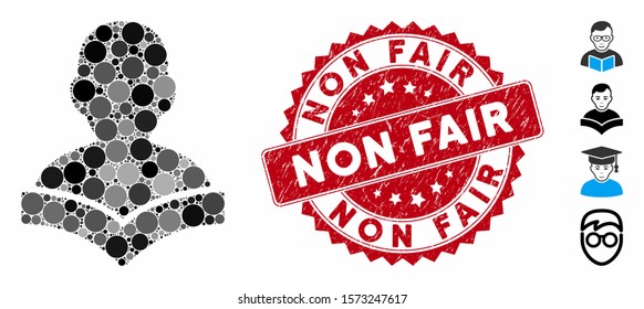 Mosaic reader student icon and distressed stamp seal with Non Fair phrase. Mosaic vector is created with reader student icon and with random spheric items. Non Fair stamp uses red color,