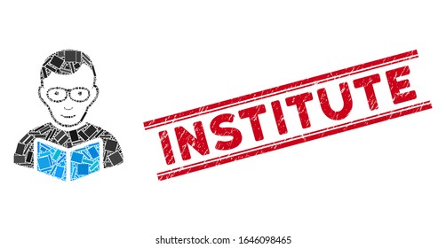 Icono de estudiante lector de mosaico y sello rojo del Instituto entre líneas paralelas dobles. Icono de mosaico estudiantil lector vectorial plano de elementos rectangulares girados aleatoriamente.