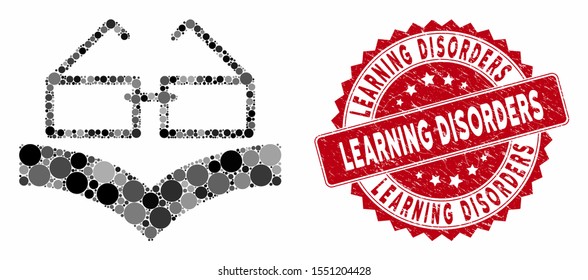 Mosaic reading glasses and distressed stamp watermark with Learning Disorders caption. Mosaic vector is formed with reading glasses icon and with random round spots.
