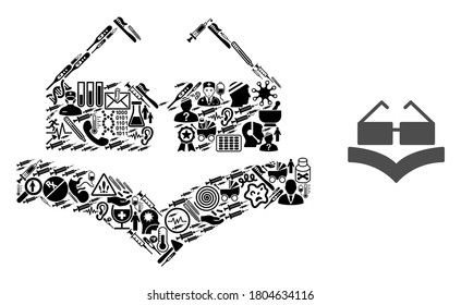 Mosaic reading glasses with health care symbols and basic icon. Mosaic vector reading glasses is designed from health care items. Abstract design elements for pandemic posters.