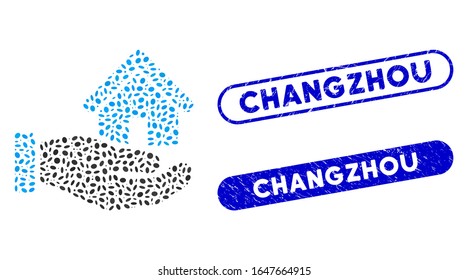 Mosaic real estate offer hand and corroded stamp seals with Changzhou caption. Mosaic vector real estate offer hand is designed with random ellipse items. Changzhou seals use blue color,