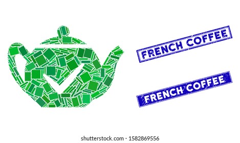 Mosaic real teapot pictogram and rectangular French Coffee rubber prints. Flat vector real teapot mosaic pictogram of scattered rotated rectangular elements.
