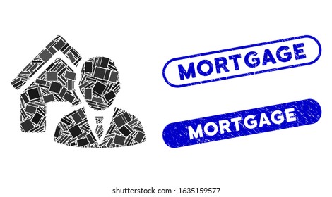 Mosaic realtor and rubber stamp seals with Mortgage phrase. Mosaic vector realtor is composed with randomized rectangle items. Mortgage stamp seals use blue color, and have round rectangle shape.