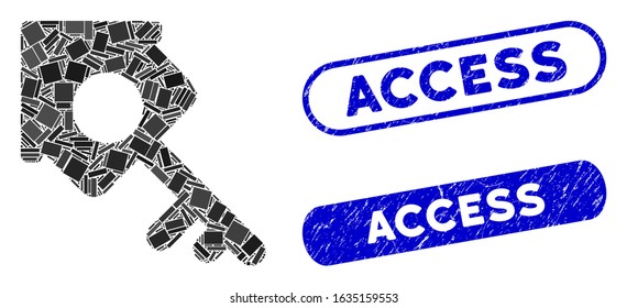 Mosaic realty access and rubber stamp seals with Access text. Mosaic vector realty access is created with randomized rectangle items. Access seals use blue color, and have round rectangle shape.