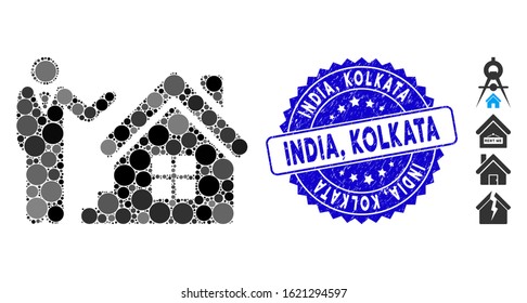 Mosaic realty agent icon and grunge stamp seal with India, Kolkata phrase. Mosaic vector is formed from realty agent icon and with random round elements. India, Kolkata stamp seal uses blue color,